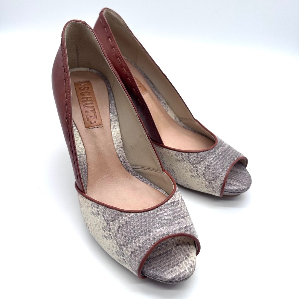 Schutz Silvia Fae Peep Toe Pumps Snakeskin Embossed Brown Leather Heels Size 6